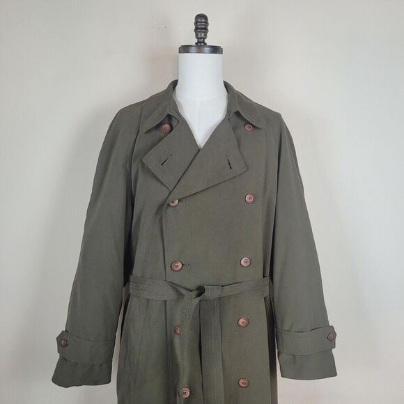 Vintage Perusal Coat Mens 44 Long Green Trench Double Breasted Belted Classic - Picture 2 of 10